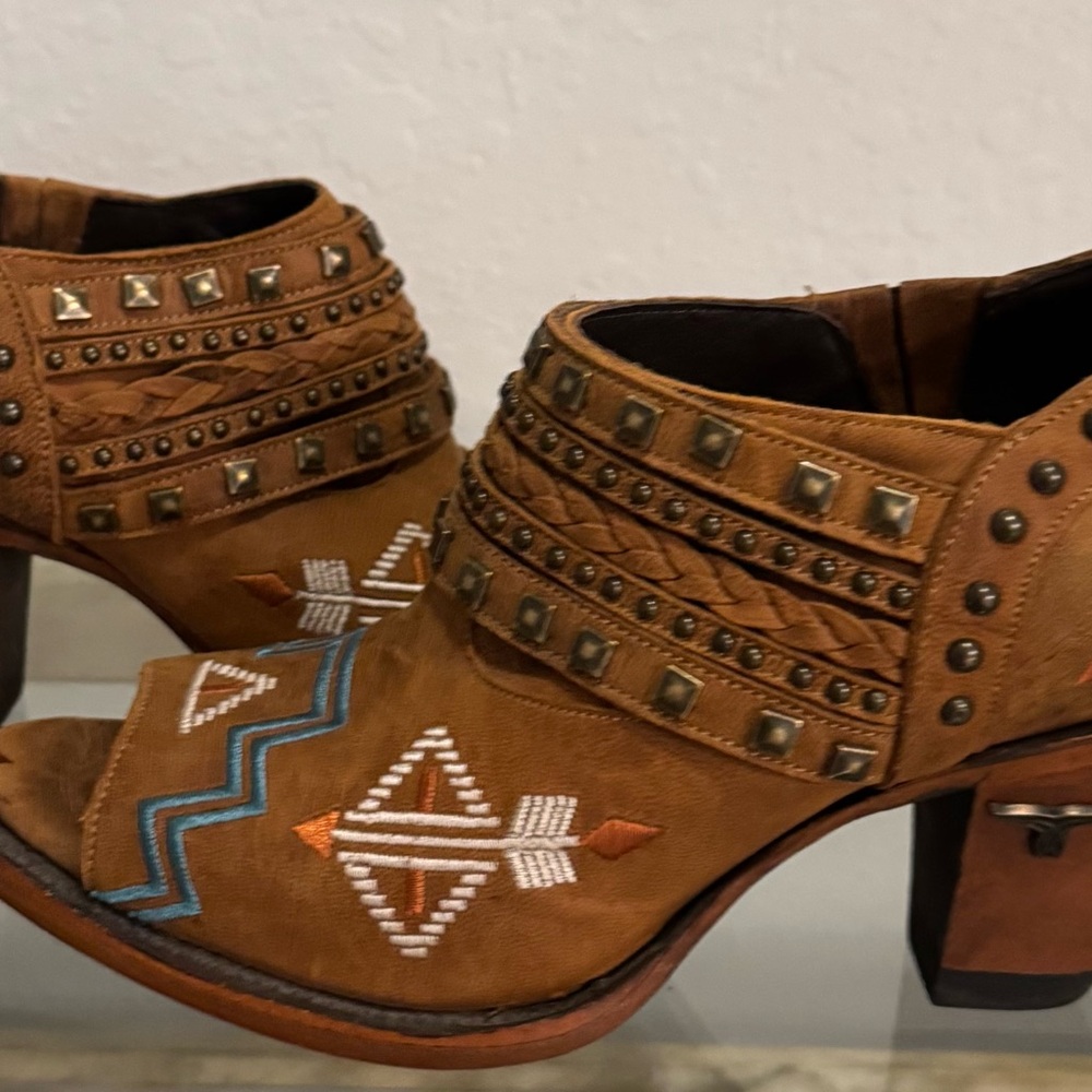 Lane Brown Peep Toe Booties with Embroidered Design - Picture 5 of 5